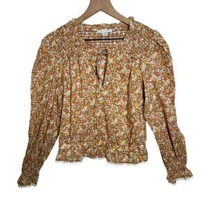 American Eagle Medium Tan Floral Puff Sleeve Lace Hem Smock Peasant Top Cottage